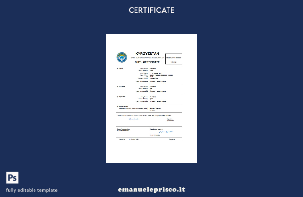 certificato di nascita del Kirghizistan in stile verificato modello Word e PDF